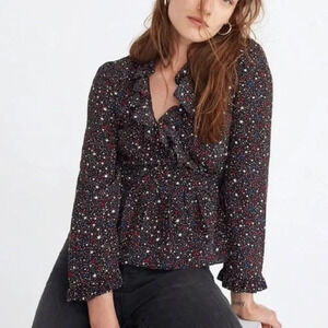 MADEWELL Silk Ruffle-Hem Wrap Top in Starry Night Size Extra Small